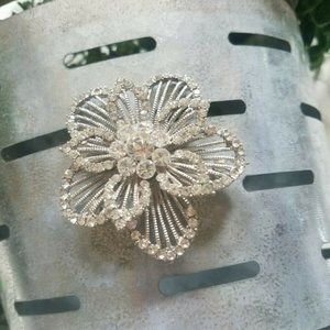 Silver Rhinestone Bling Flower Brooch Pin